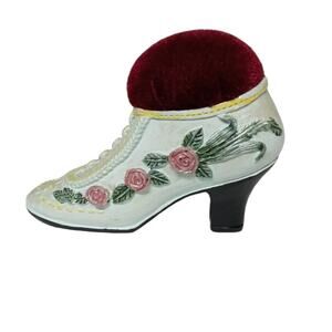 Rare Mini Ladies Victorian Miniature Shoe Pin Cushion Blue Pink Roses Vintage